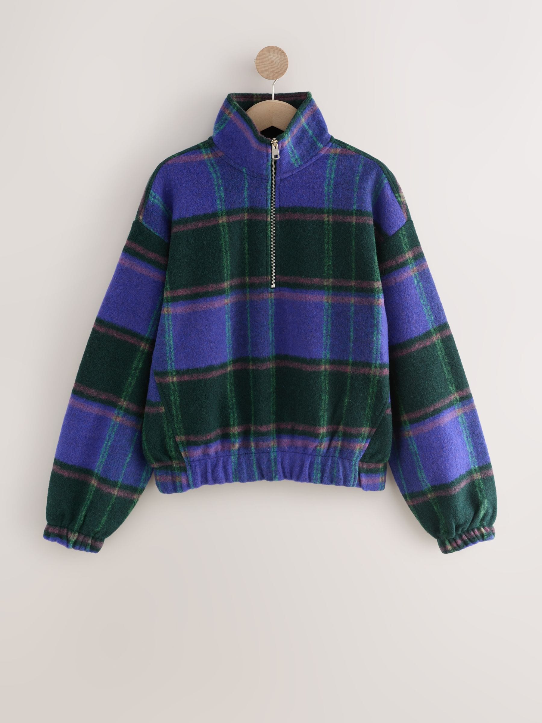 Buy Cobalt Blue Check Soft Brushed Zip Funnel Neck Teddy Fleece
