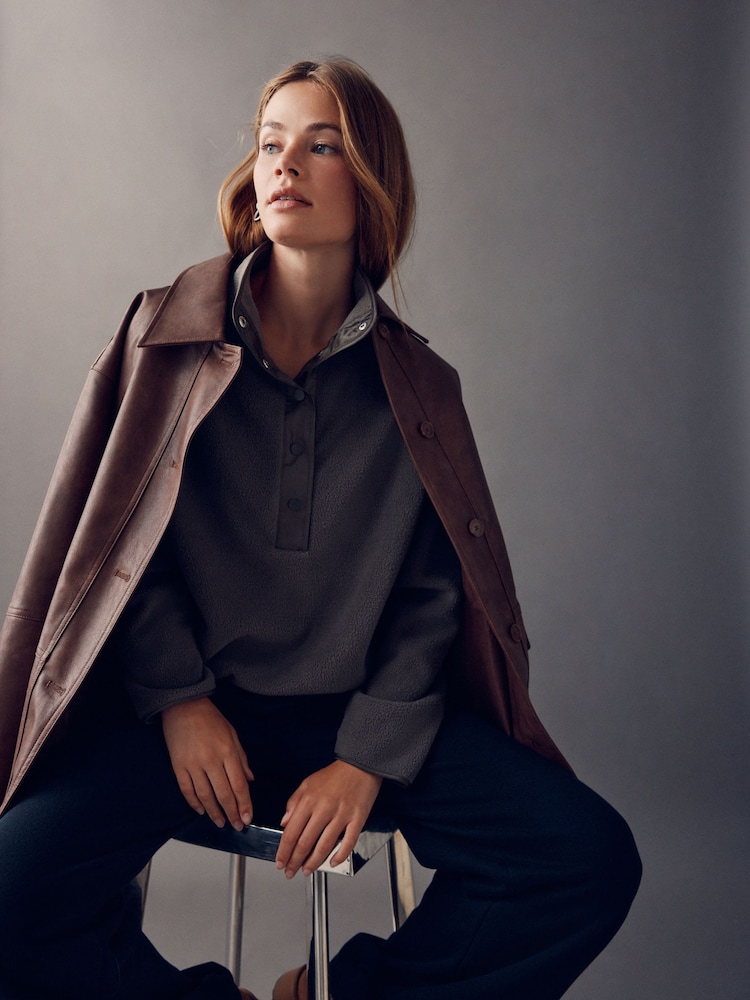 Olive Green Popper Neckline Detailing Longsleeve Ribbed Crewneck Sweatshirt - Image 1 of 5