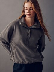 Olive Green Popper Neckline Detailing Longsleeve Ribbed Crewneck Sweatshirt - Image 4 of 5