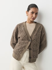 Chocolate Mocha Brown Fluffy Borg Cable Button Through Cardigan Fleece - Image 1 of 9
