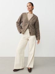 Chocolate Mocha Brown Fluffy Borg Cable Button Through Cardigan Fleece - Image 2 of 9