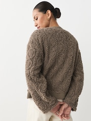 Chocolate Mocha Brown Fluffy Borg Cable Button Through Cardigan Fleece - Image 4 of 9
