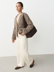 Chocolate Mocha Brown Fluffy Borg Cable Button Through Cardigan Fleece - Image 5 of 9