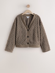 Chocolate Mocha Brown Fluffy Borg Cable Button Through Cardigan Fleece - Image 9 of 9