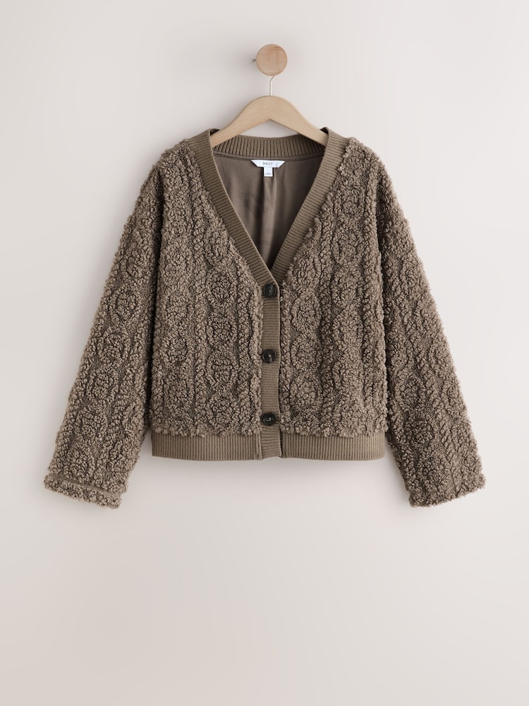 Chocolate Mocha Brown Fluffy Borg Cable Button Through Cardigan Fleece - Image 9 of 9
