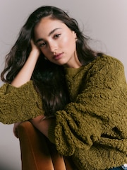 Olive Green Fluffy Soft Borg Cable Long Sleeve Crew Neck Sweatshirt - Image 1 of 7