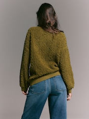 Olive Green Fluffy Soft Borg Cable Long Sleeve Crew Neck Sweatshirt - Image 4 of 7