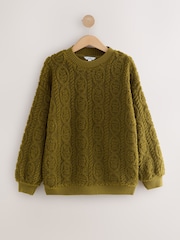 Olive Green Fluffy Soft Borg Cable Long Sleeve Crew Neck Sweatshirt - Image 5 of 7