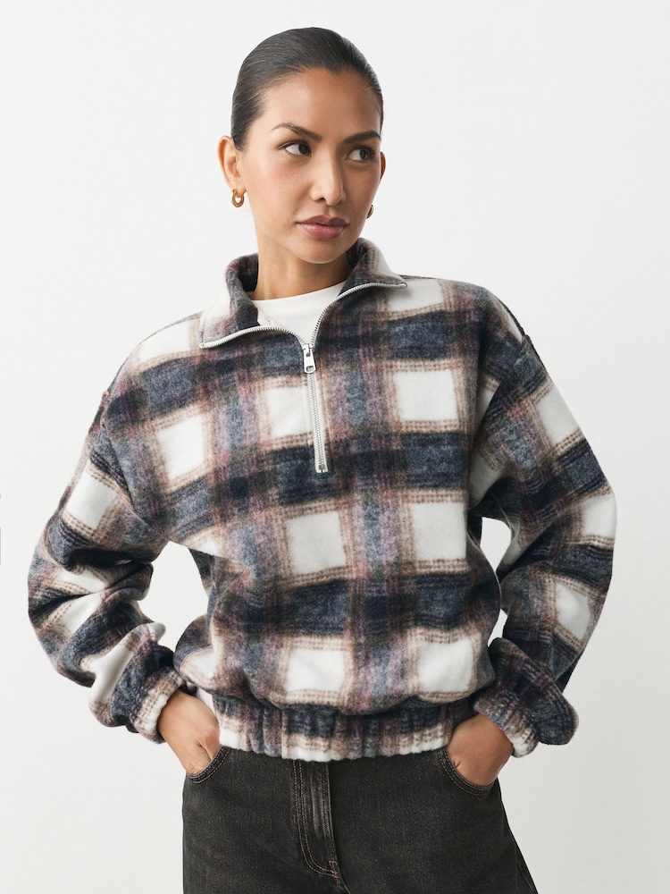 Ecru Check Woollook Quater Zip Neck Bubble Hem Ribbed Fleece Jacket - Image 1 of 8