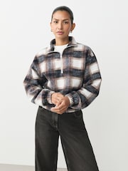 Ecru Check Woollook Quater Zip Neck Bubble Hem Ribbed Fleece Jacket - Image 3 of 8