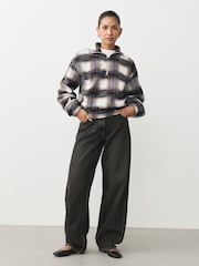Ecru Check Woollook Quater Zip Neck Bubble Hem Ribbed Fleece Jacket - Image 4 of 8