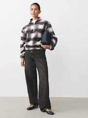 Ecru Check Woollook Quater Zip Neck Bubble Hem Ribbed Fleece Jacket - Image 5 of 8