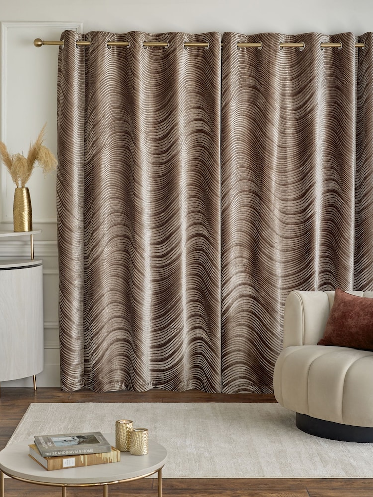 Mocha Brown Collection Luxe Heavyweight Velvet Swirl Eyelet Lined Curtains - Image 3 of 5