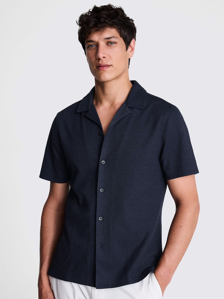 MOSS Blue Knitted Cuban Collar Shirt - Image 1 of 5 MOSS Blue Knitted Cuban Collar Shirt - Image 1 of 5