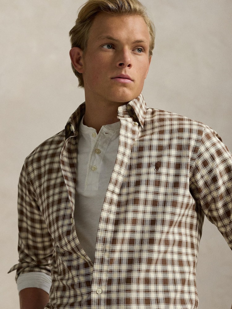 Polo Ralph Lauren Natural Custom Fit Plaid Oxford Shirt - Image 5 of 5