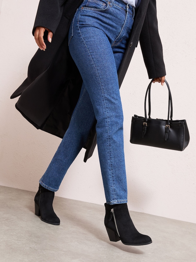 Friends Like These Black Standard fit Stacked Heel Faux Suede Cuban Ankle Boots - Image 2 of 5