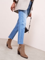 Friends Like These Taupe Wide Fit Stacked Heel Faux Suede Cuban Ankle Boots - Image 3 of 4