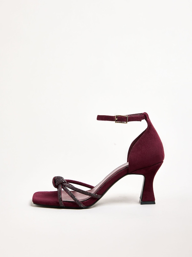 Friends Like These Burgundy Red Standard Fit Embellished Knot Heel Faux Suede Sandals - Image 5 of 5