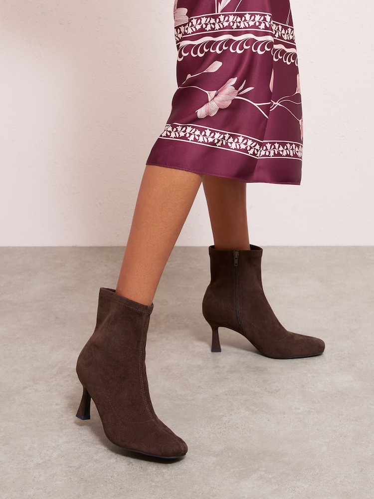 Friends Like These Chocolate Brown Standard fit Faux Suede Mid Heel Formal Sock Ankle Boots - Image 2 of 5