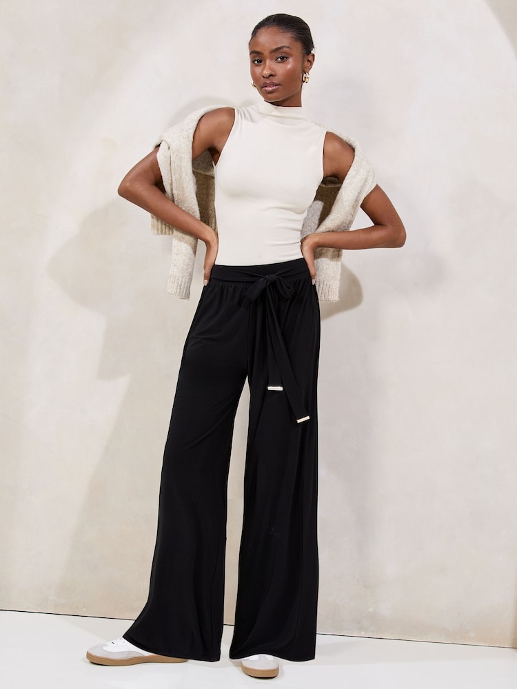 Lipsy Black Jersey Wide Leg Tie Trousers - Image 1 of 4