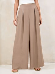 Lipsy Mocha Brown Petite High Waisted Wide Leg Trousers - Image 1 of 4