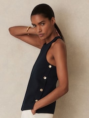 Reiss Navy Cosmo Button Side Sleeveless Top - Image 1 of 6