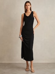 Reiss Black Paige Cowl-Neck Ruched Jersey Midi Dress - Image 1 of 6