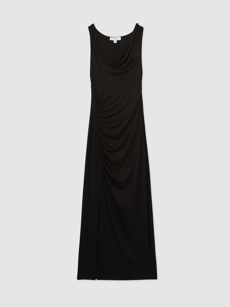 Reiss Black Paige Cowl-Neck Ruched Jersey Midi Dress - Image 2 of 6