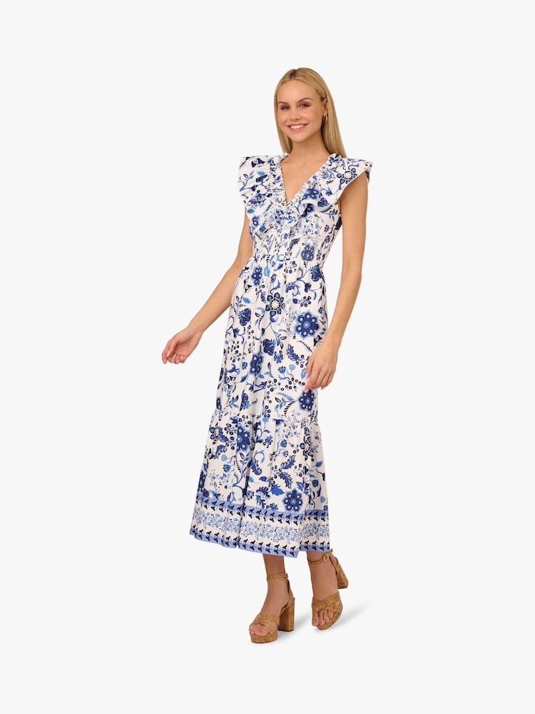 Adrianna by Adrianna Papell Printed Ruffle 100% Cotton White Dress - Image 1 of 6