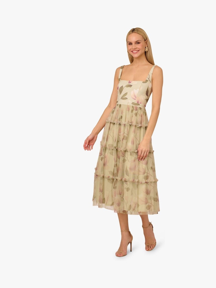 Adrianna by Adrianna Papell Green Printed Knit and Mesh Dress - Image 1 of 6