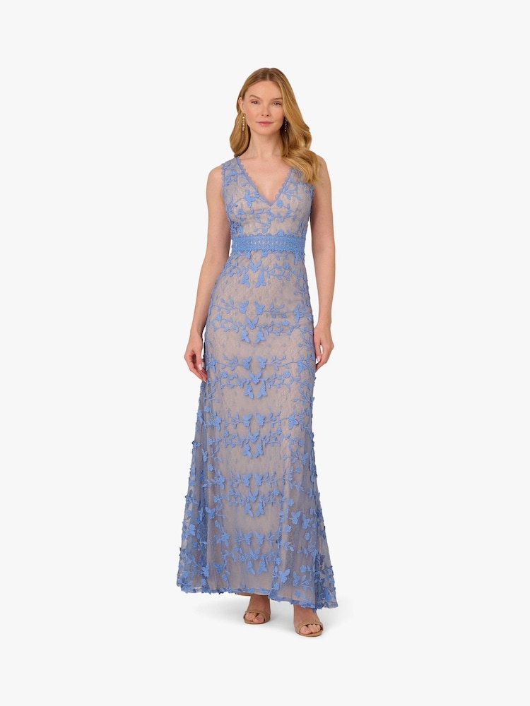 Adrianna Papell Blue Embroidered Lace V-Neck Gown - Image 1 of 6 Adrianna Papell Blue Embroidered Lace V-Neck Gown - Image 1 of 6