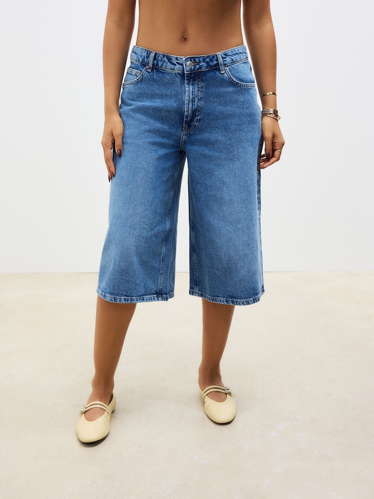 Dark Blue Longline Jort Denim Shorts - Image 2 of 7