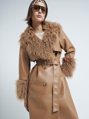 River Island Brown Faux Fur Collar Trench Coat - Image 1 of 5