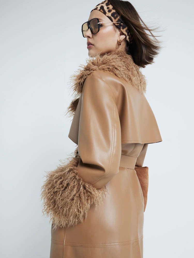 River Island Brown Faux Fur Collar Trench Coat - Image 2 of 5