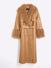 River Island Brown Faux Fur Collar Trench Coat - Image 4 of 5