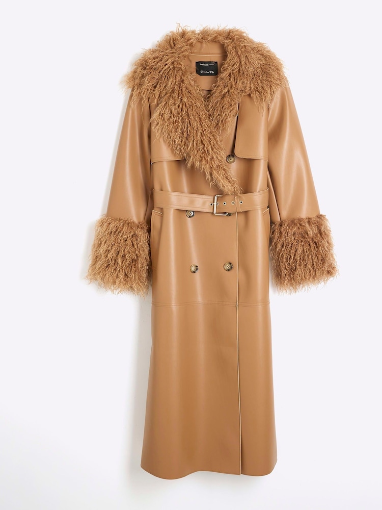 River Island Brown Faux Fur Collar Trench Coat - Image 4 of 5