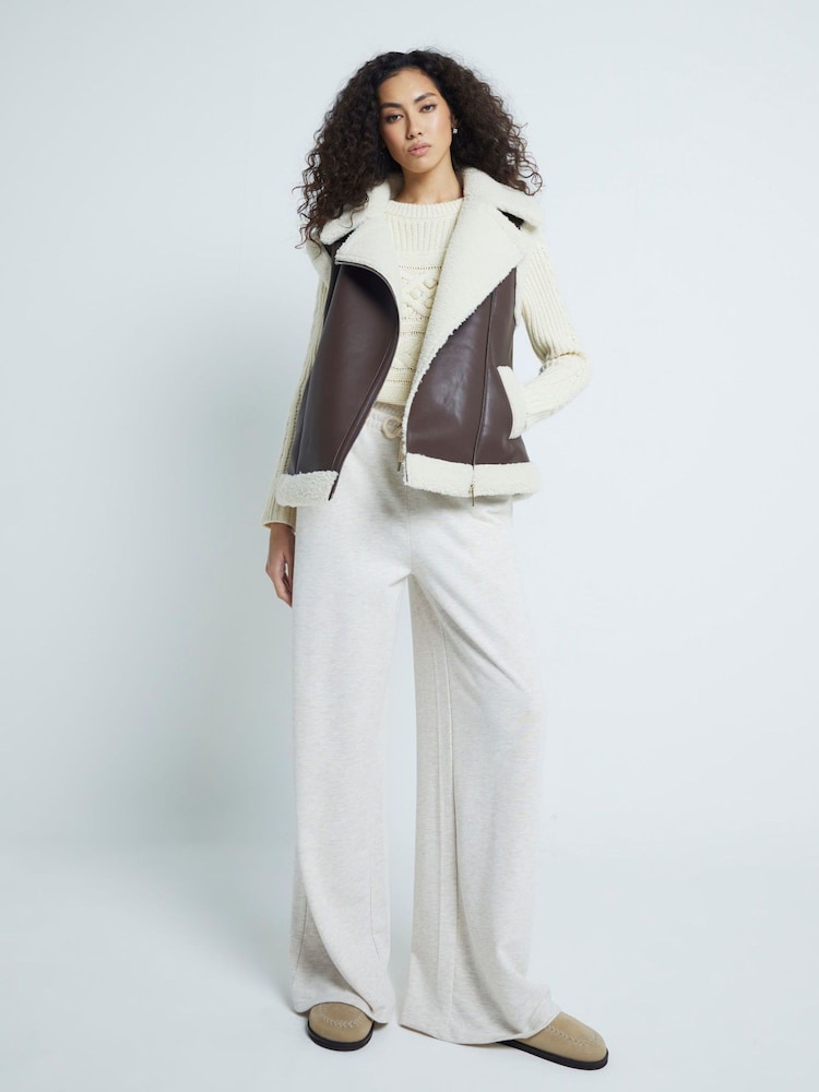 River Island Brown Shearling Mix Faux Leather Gilet - Image 2 of 5