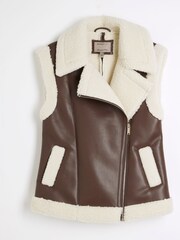 River Island Brown Shearling Mix Faux Leather Gilet - Image 4 of 5