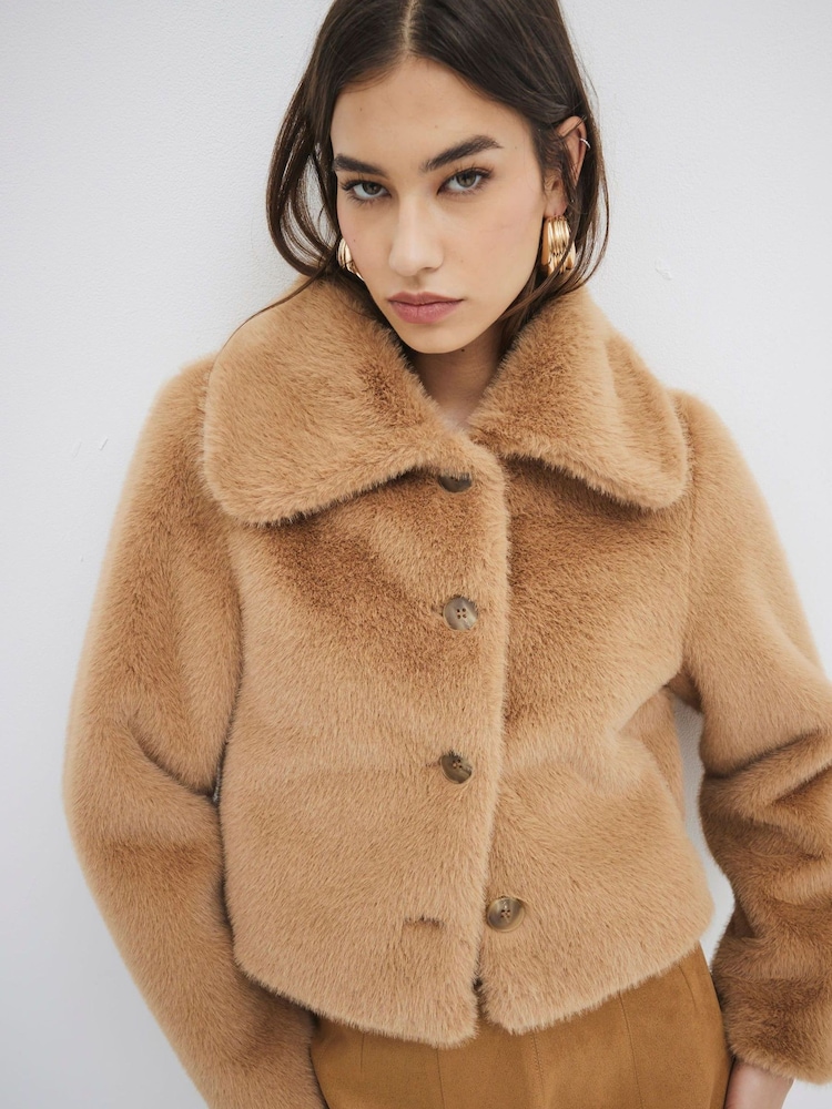 River Island Brown Button Up Faux Fur Jacket - Image 1 of 5 River Island Brown Button Up Faux Fur Jacket - Image 1 of 5