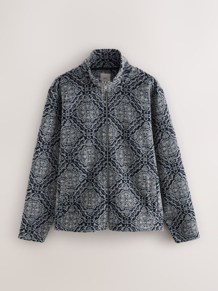 Navy Blue/Grey Printed Zip Through Funnel Neck Fleece - Image 1 of 3
