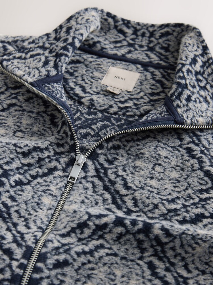 Navy Blue/Grey Printed Zip Through Funnel Neck Fleece - Image 2 of 3