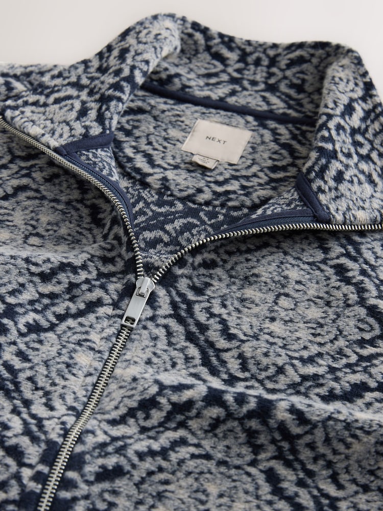 Navy Blue/Grey Printed Zip Through Funnel Neck Fleece - Image 2 of 3 Navy Blue/Grey Printed Zip Through Funnel Neck Fleece - Image 2 of 3