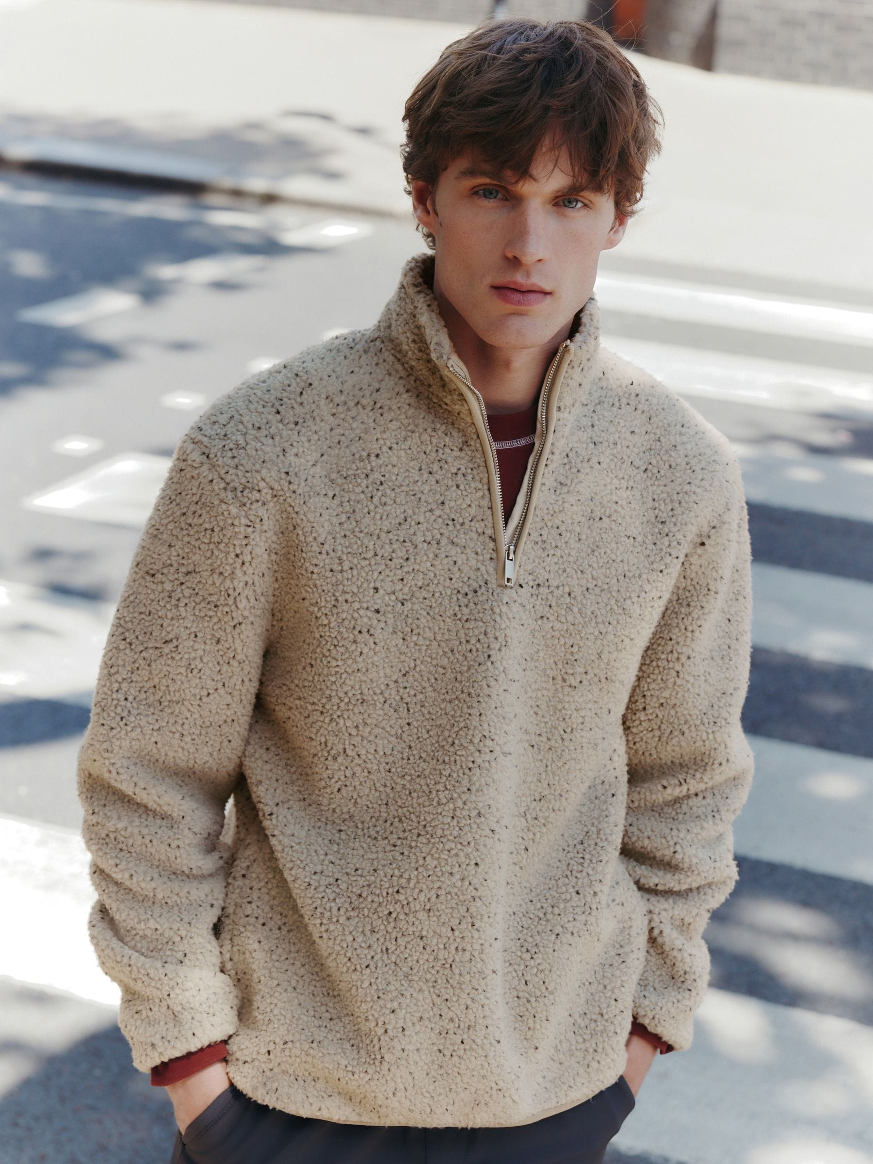 Ecru Marl Nep Borg Quarter Zip Neck Funnel Fleece