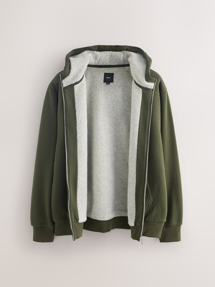 Khaki Green Borg Fleece Lined Zip-Up Hoodie - Image 2 of 5 Khaki Green Borg Fleece Lined Zip-Up Hoodie - Image 2 of 5