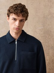 Navy Blue Wool Look Quarter Zip Polo Top - Image 1 of 9