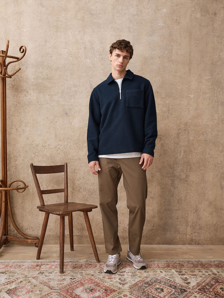 Navy Blue Wool Look Quarter Zip Polo Top - Image 2 of 9