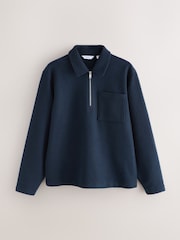 Navy Blue Wool Look Quarter Zip Polo Top - Image 7 of 9