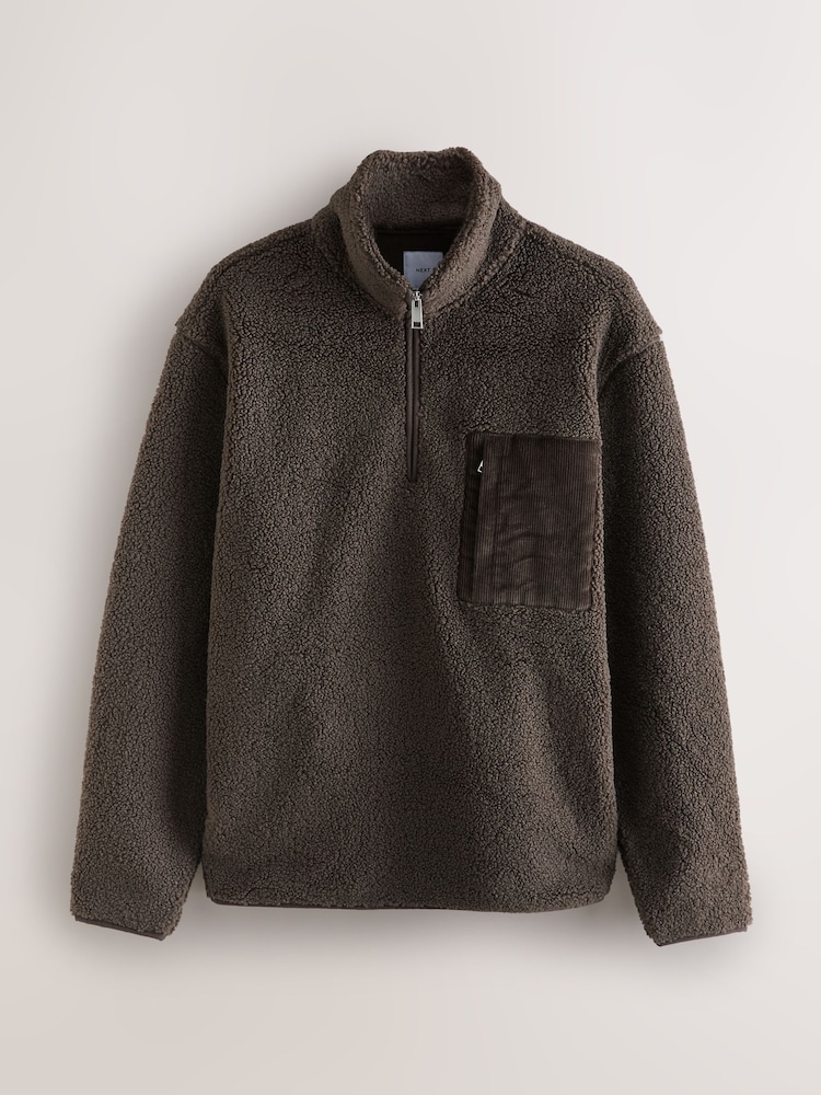 Chocolate Brown Corduroy Pocket Borg Quarter Zip Neck Funnel Fleece - Image 1 of 4 Chocolate Brown Corduroy Pocket Borg Quarter Zip Neck Funnel Fleece - Image 1 of 4