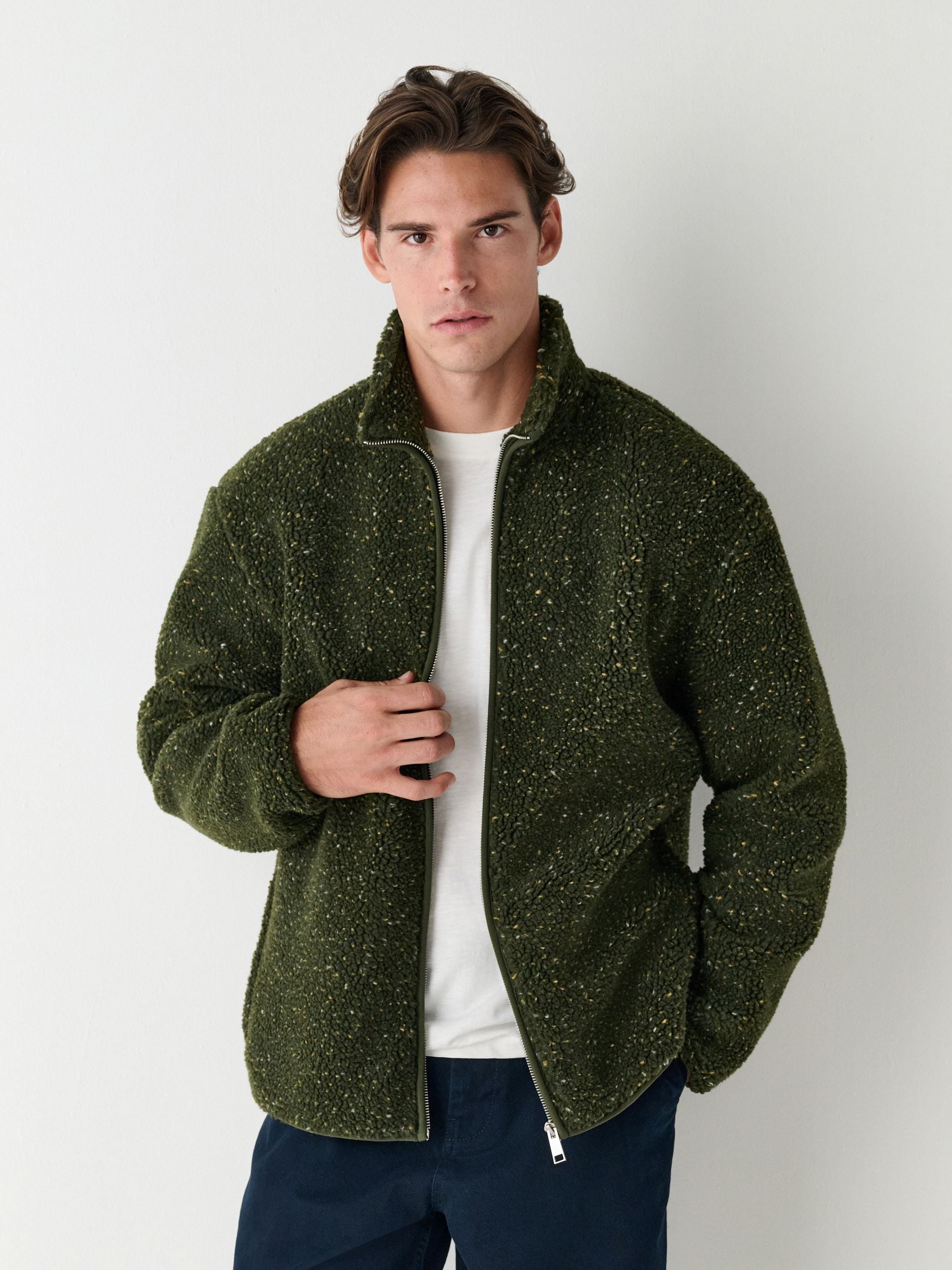 Buy Khaki Green Nep Zip Through Funnel Borg Fleece from the Next