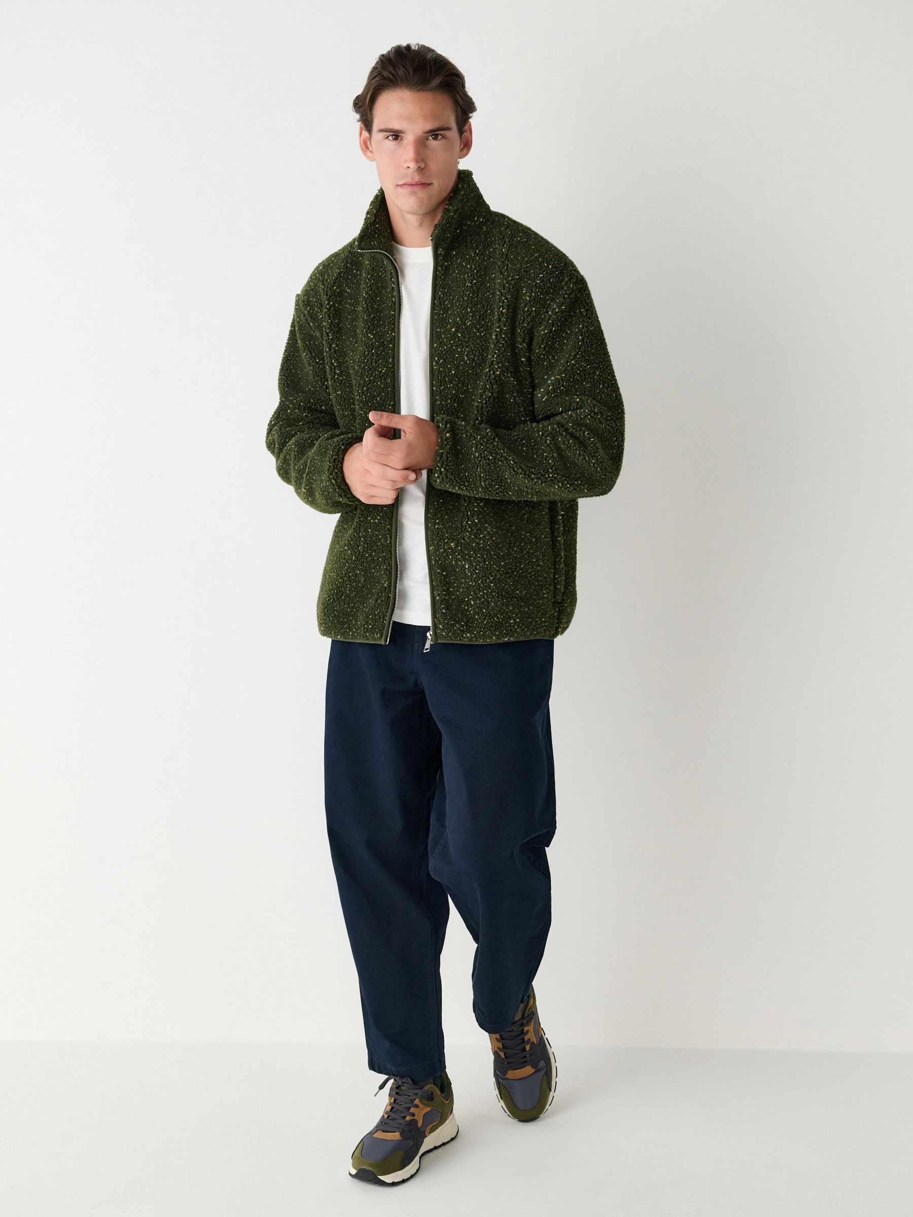 Buy Khaki Green Nep Zip Through Funnel Borg Fleece from the Next
